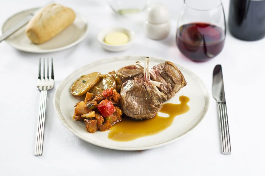 Seared lamb cutlets with a rosemary jus, ratatouille and lyonnaise potatoes
